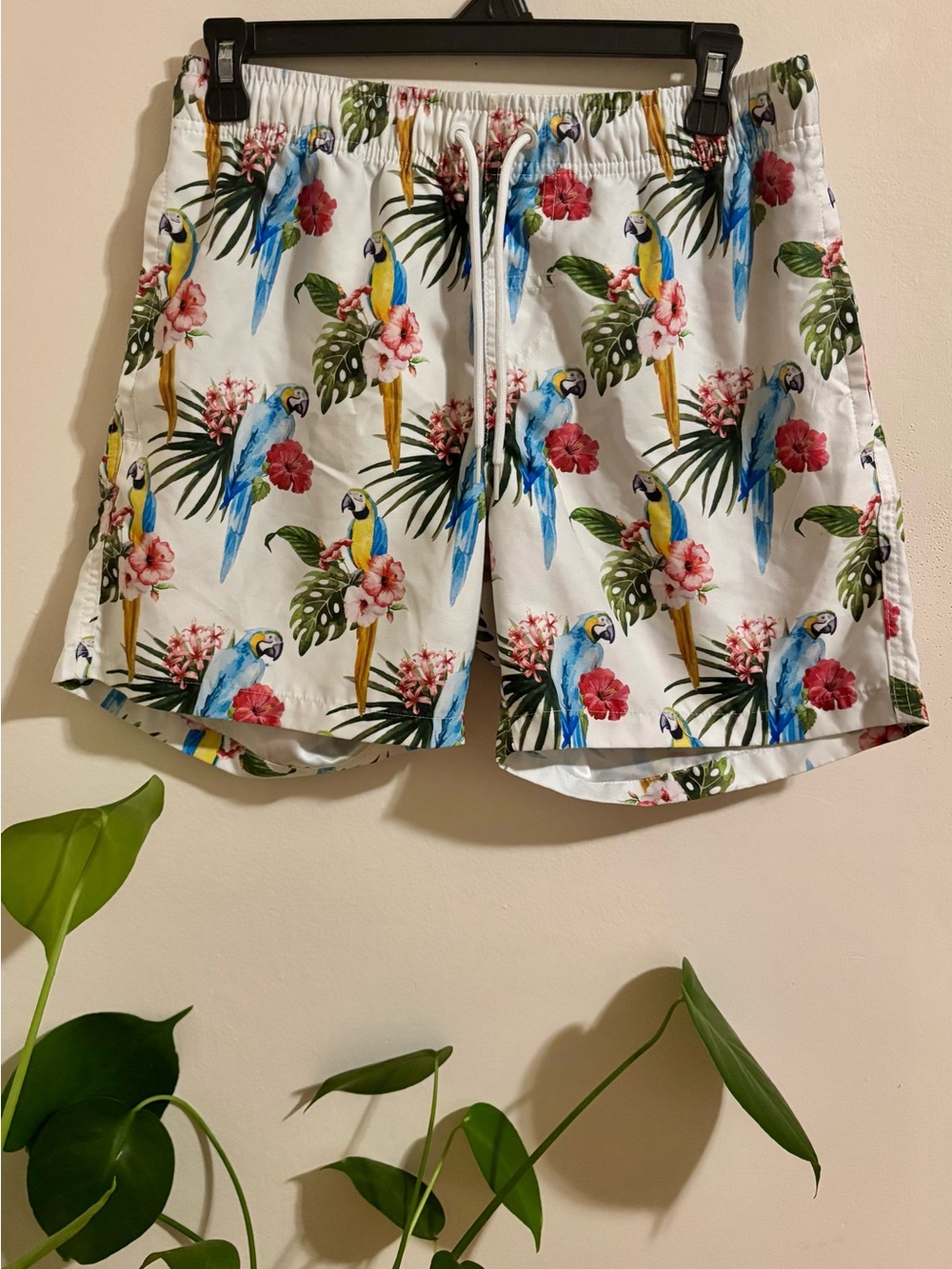 Ring of Fire White Swim Trunks with Multicolor Tropical Print